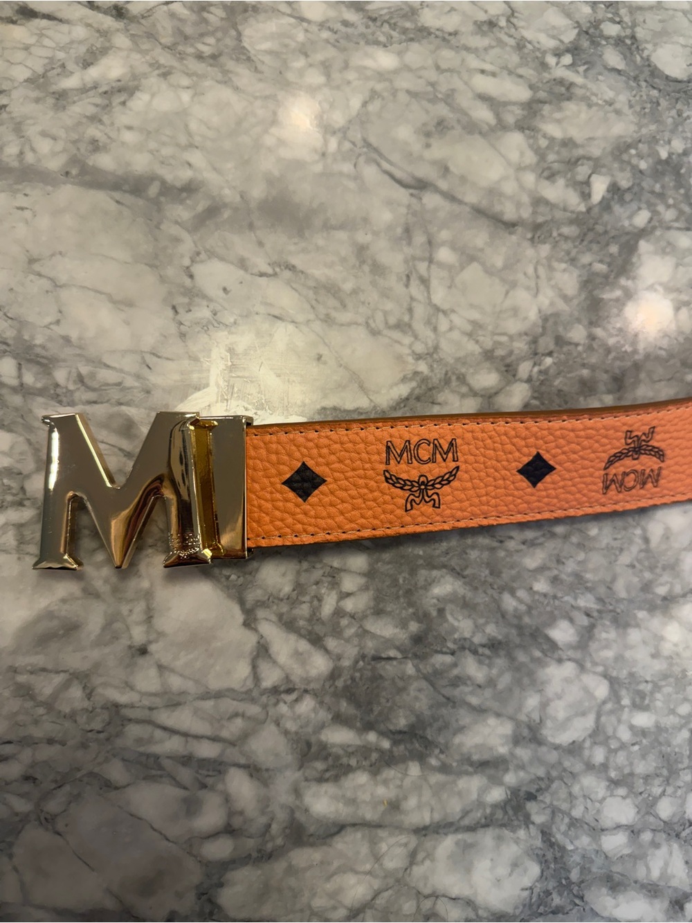 THRIFTED MCM Men's Cognac-Orange Logo Belt with Gold M Buckle - Picture 2 of 5